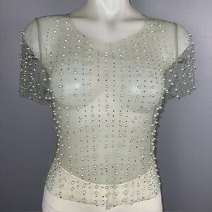 Endless Blu Sheer Crop Top Sage Pearl Rhinestones Festival Mesh Raw Edge *READ